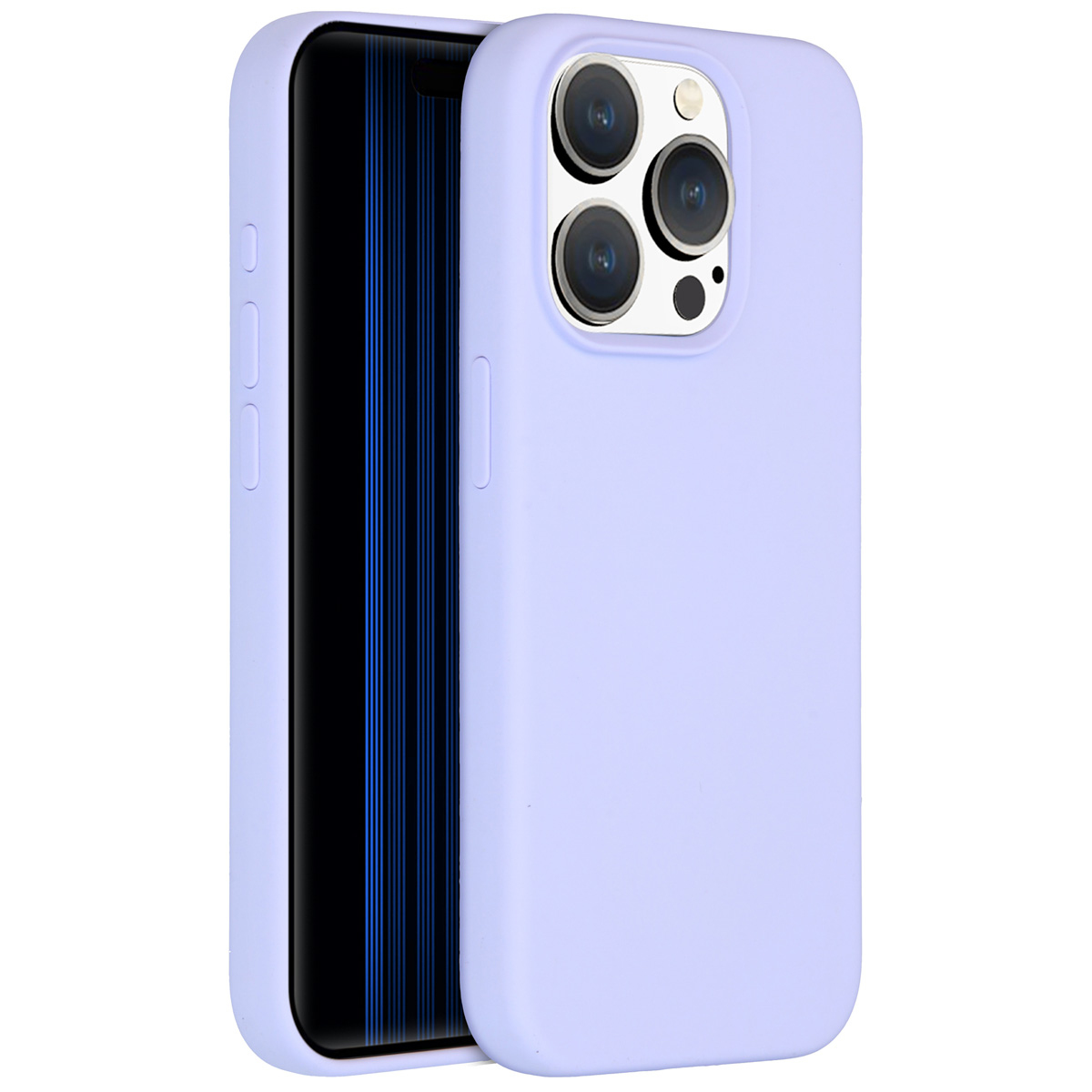Eine lavendelfarbene Handyhülle mit einem Telefon darin. Das Telefon hat einen schwarzen Bildschirm mit blauen Linien. Die Hülle hat drei Kameralinsen.