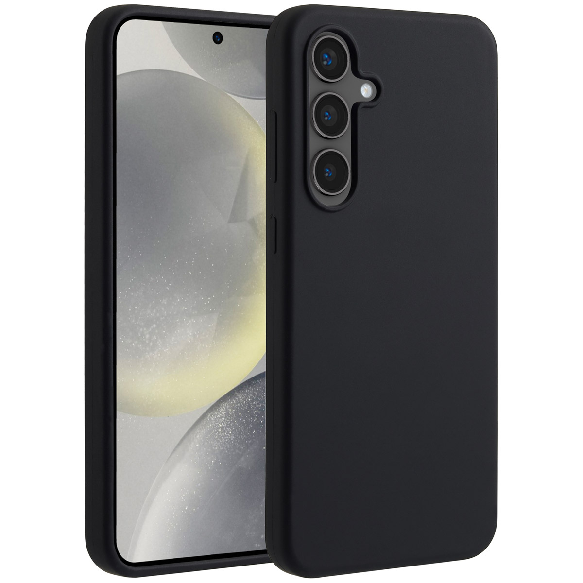 Een zwarte smartphone met een beschermhoesje. De telefoon heeft een scherm met een lichte achtergrond en camera's.