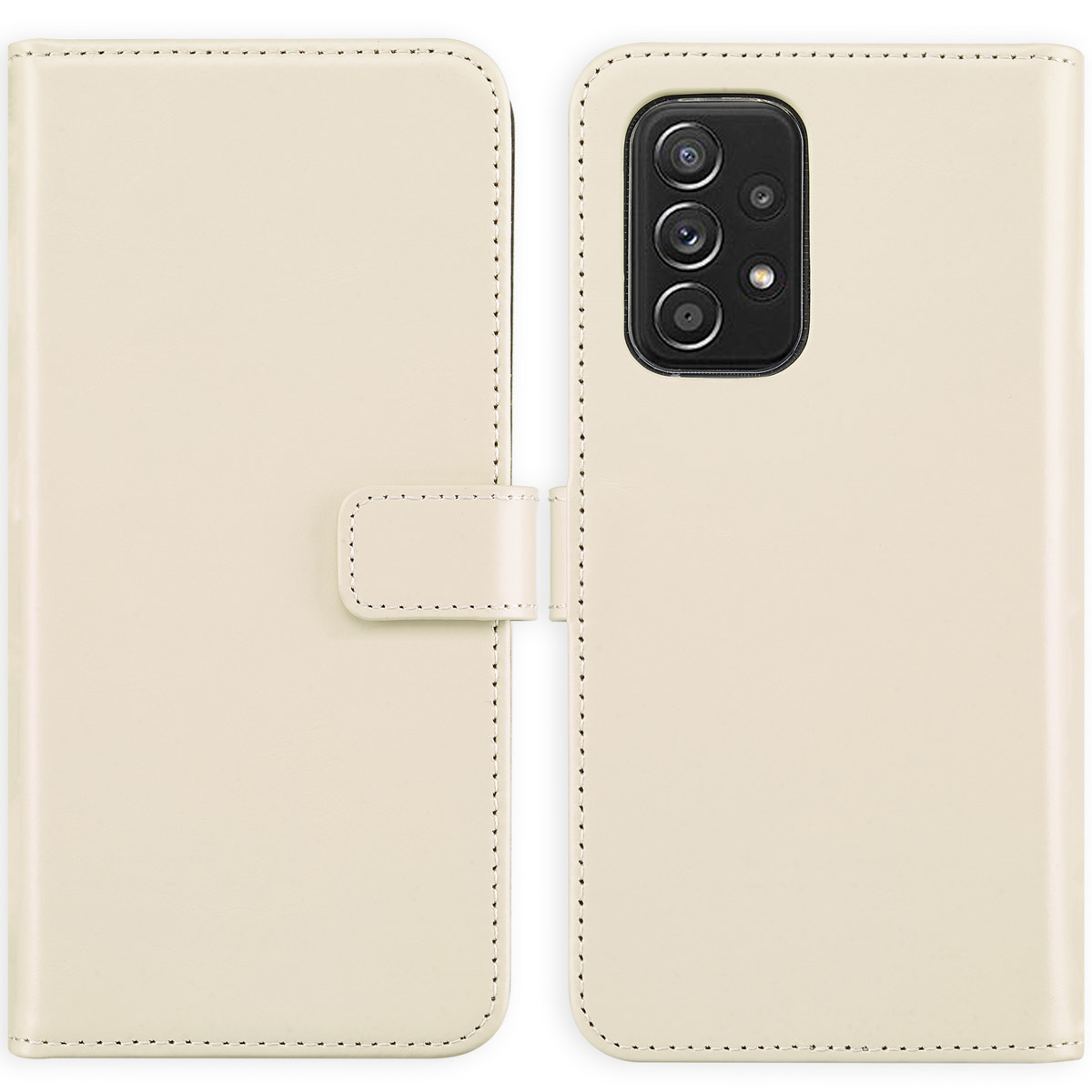 Een crèmekleurige telefoonhoes, open. De linkerkant heeft een flap met magneetsluiting. De rechterkant toont telefooncamera's.
