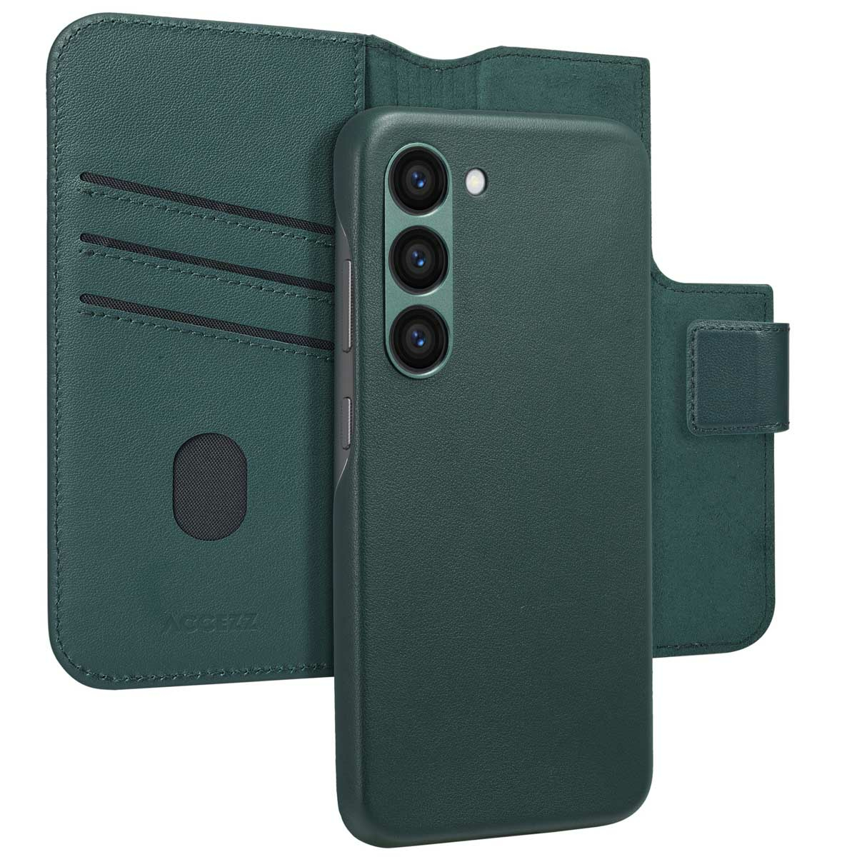 Groene telefoonhoes met drie camera's. Hij is open, met kaartsleuven. Merknaam 'XCGZZ' is zichtbaar.