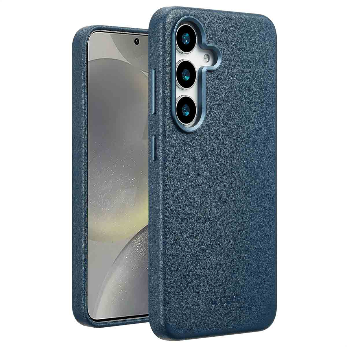 Een donkerblauwe telefoonhoes naast een telefoon. De hoes heeft drie cameragaten. Het scherm toont een wazig beeld.