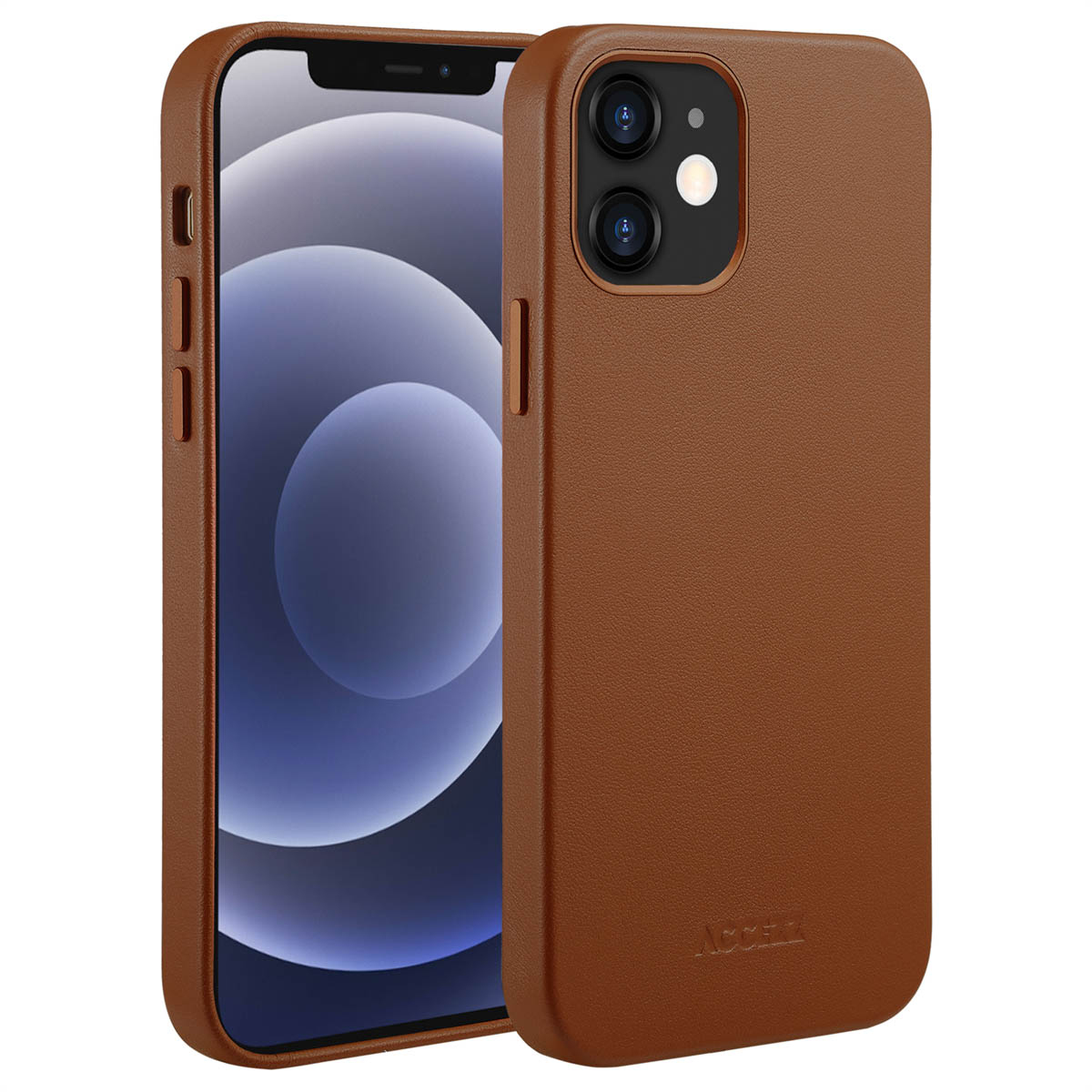 Een bruine leren telefoonhoes naast een telefoon met het scherm aan. De hoes is open en toont de telefoon binnenin.