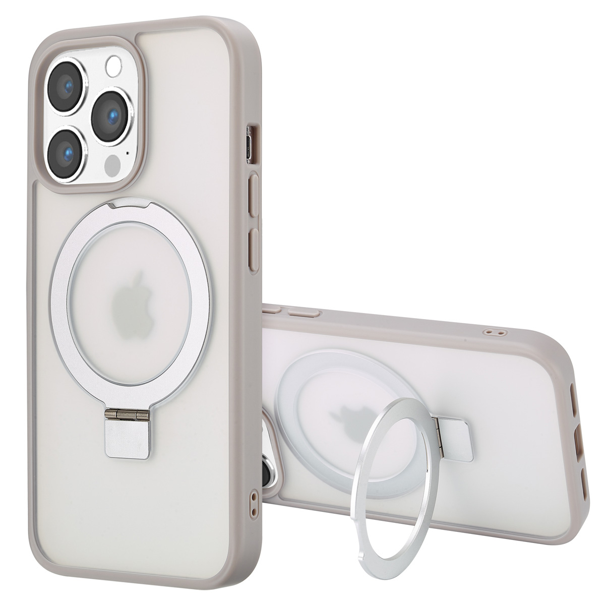 Deux coques de téléphone, une debout et une sur le côté. Les deux sont transparentes avec une bordure grise et un anneau argenté pour tenir. Logo Apple visible.