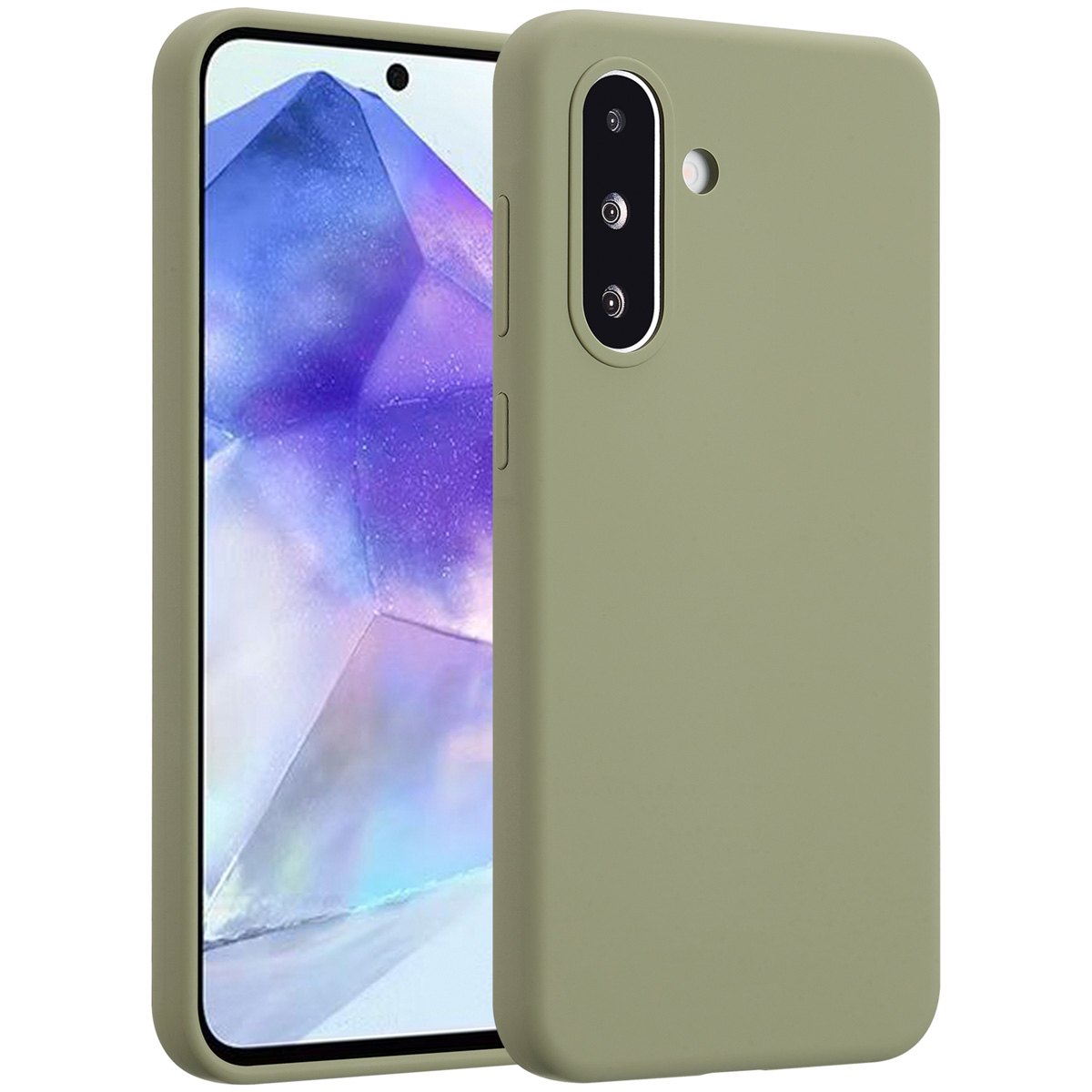 Een groene telefoonhoes en een telefoon met een scherm met een paars en wit ontwerp op een witte achtergrond.