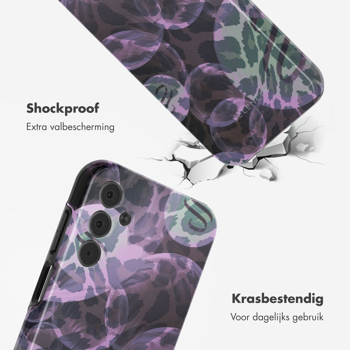 Twee telefoonhoesjes met luipaardprint, één gebarsten. De tekst zegt 'Schokbestendig' en 'Krasbestendig'.