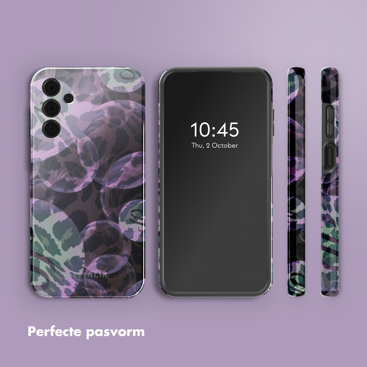 Telefoon met hoesje en scherm met 10:45. De hoes heeft een paarse en groene dierenprint. Tekst: 'Perfecte pasvorm'.
