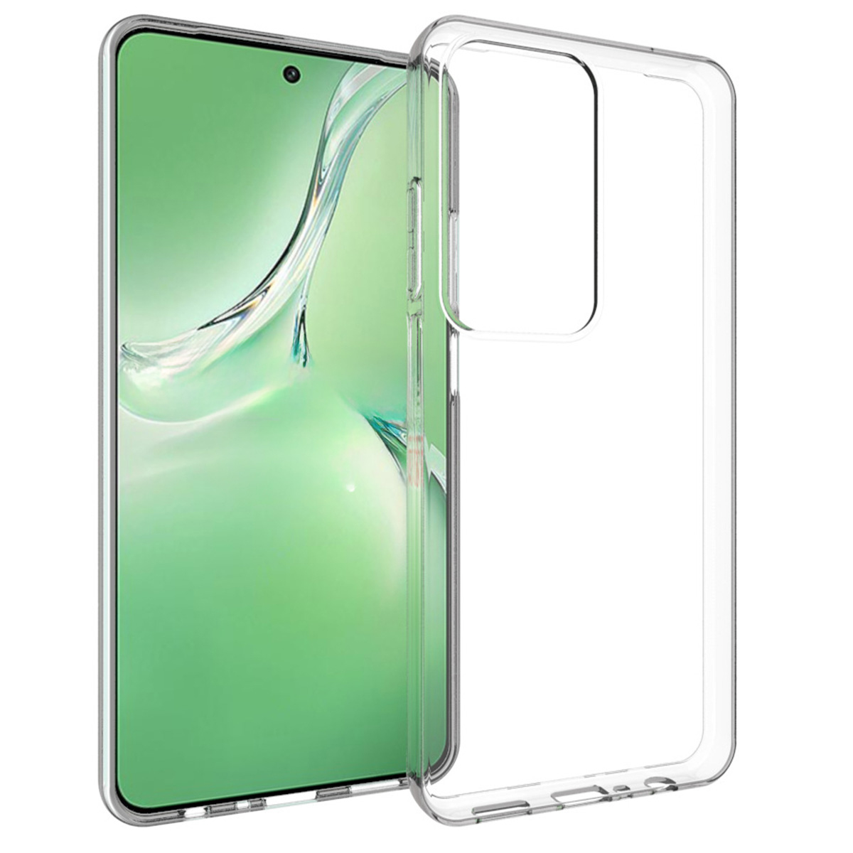 Uno smartphone con schermo verde è parzialmente racchiuso in una custodia trasparente. La custodia è a destra.
