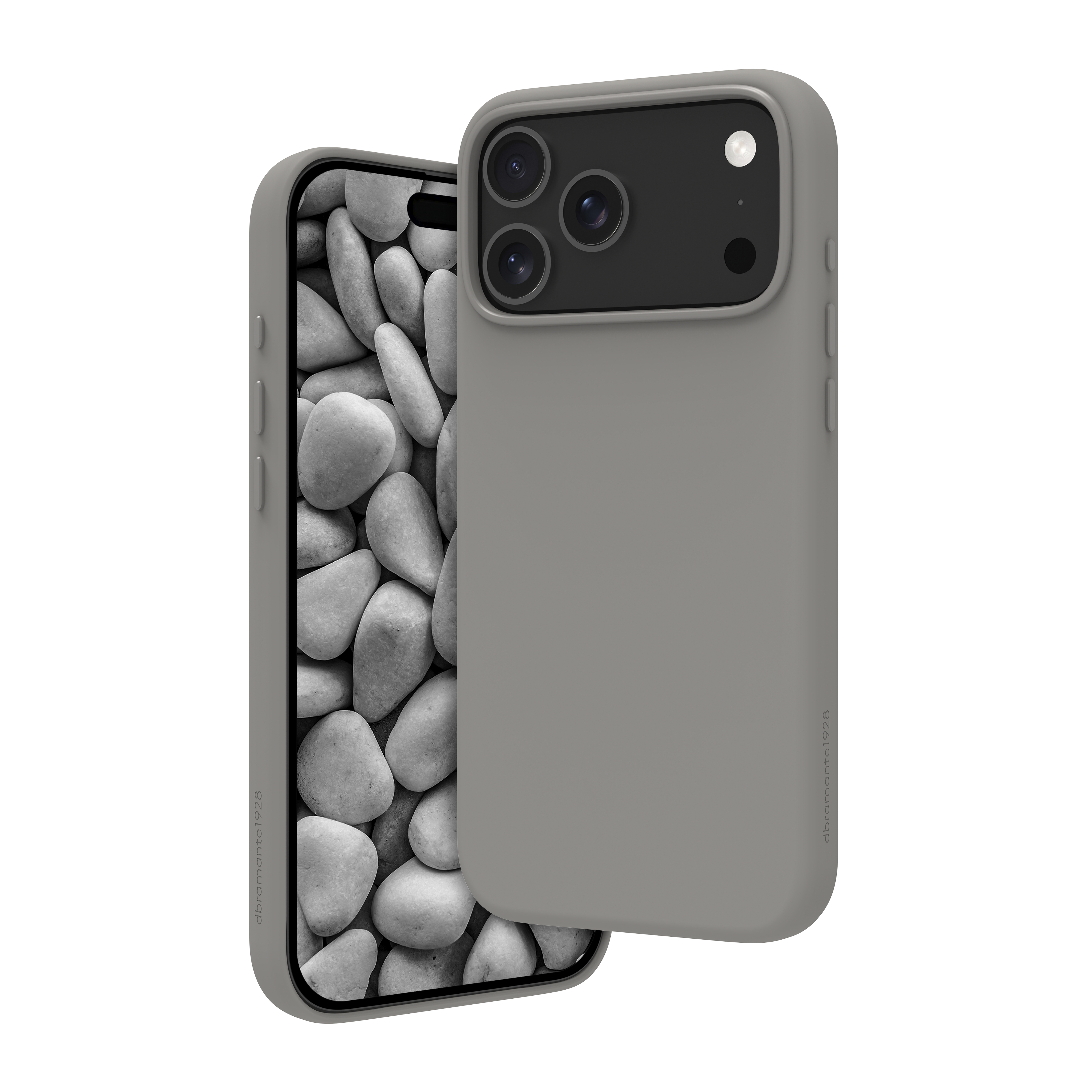 Eine graue Handyhülle neben einem Handy mit grauen Steinen. Die Hülle hat drei Kameralinsen.