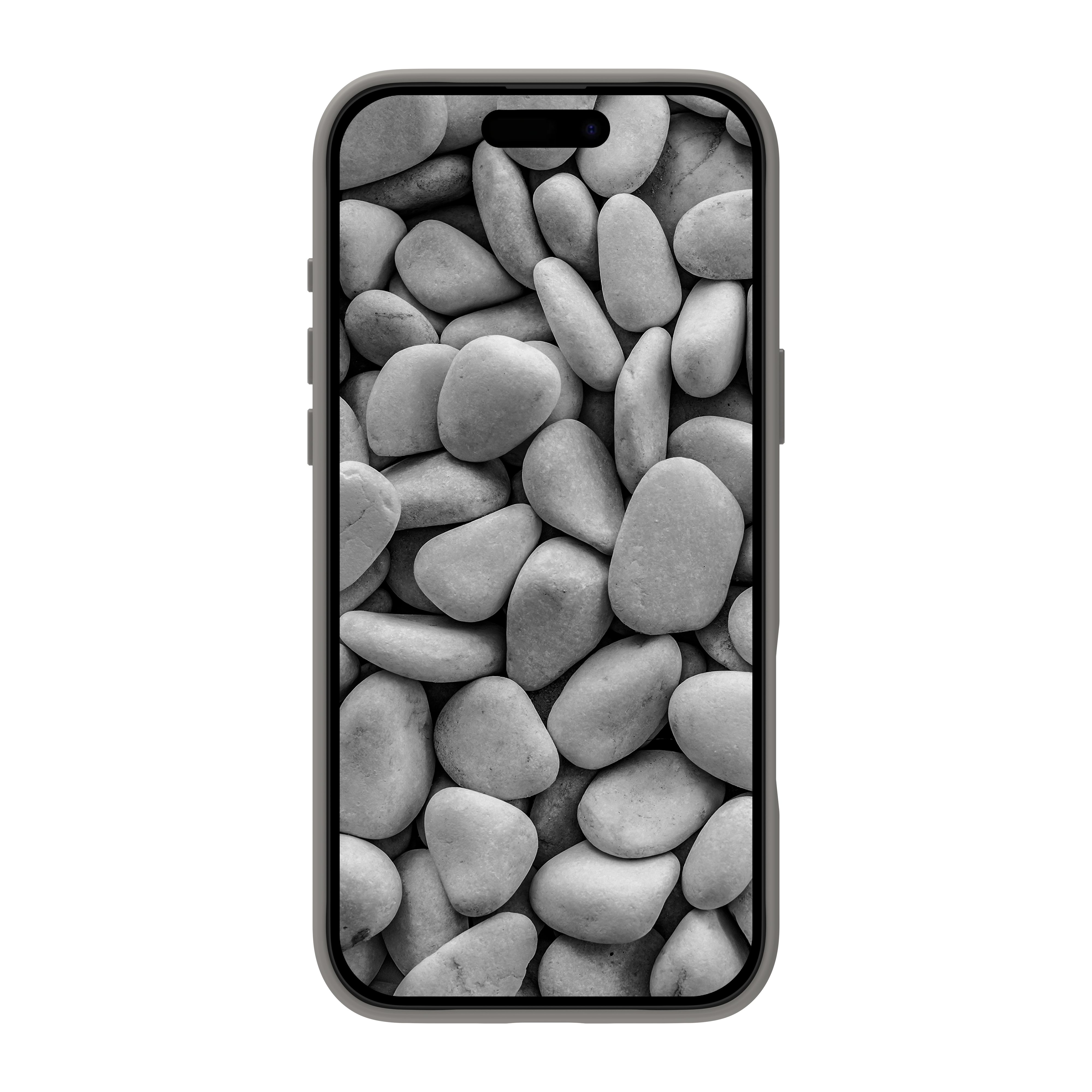 Ein Smartphone zeigt ein Graustufenbild von glatten, abgerundeten Steinen. Das Telefon ist grau, vor weißem Hintergrund.