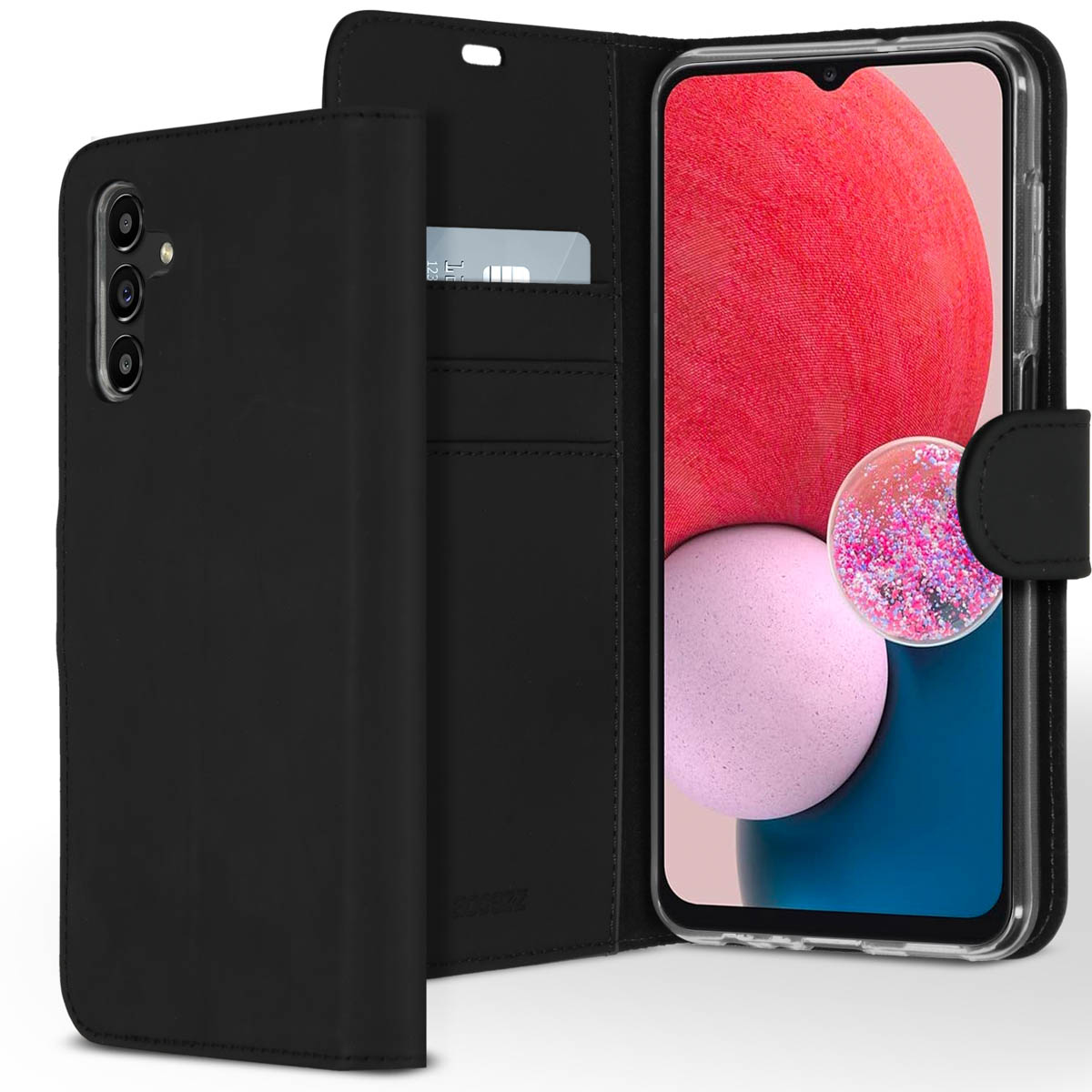 Zwarte telefoonhoes met telefoon erin, open om een kaart te laten zien. Scherm toont roze en rode elementen.