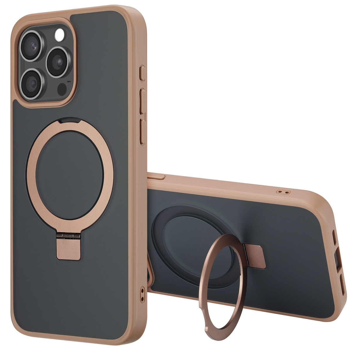 Due custodie per telefono. Una in posizione verticale, che mostra le fotocamere e il supporto ad anello. L'altra piatta.