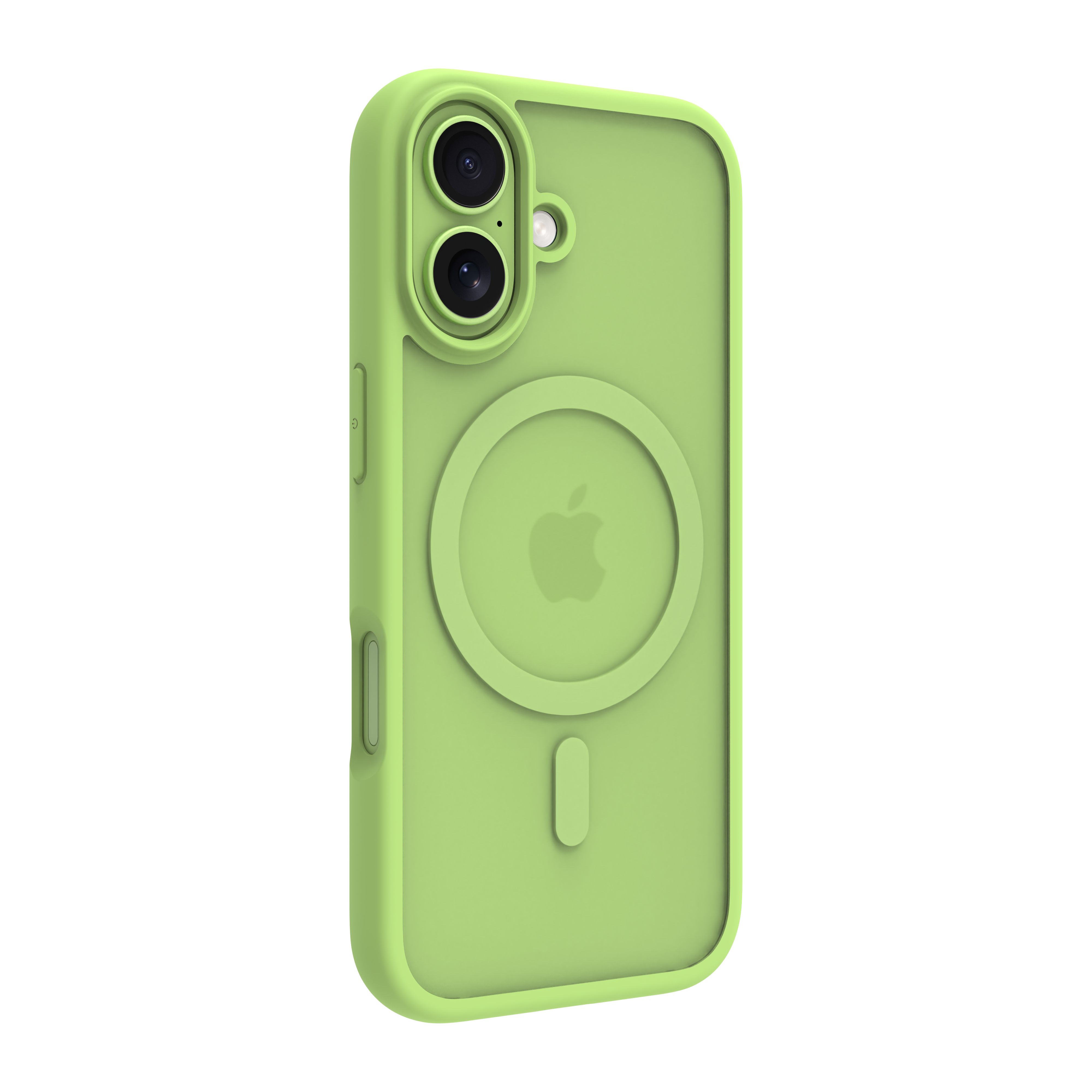 Una custodia verde per iPhone con due obiettivi, un logo Apple e pulsanti laterali. Lo sfondo è bianco.