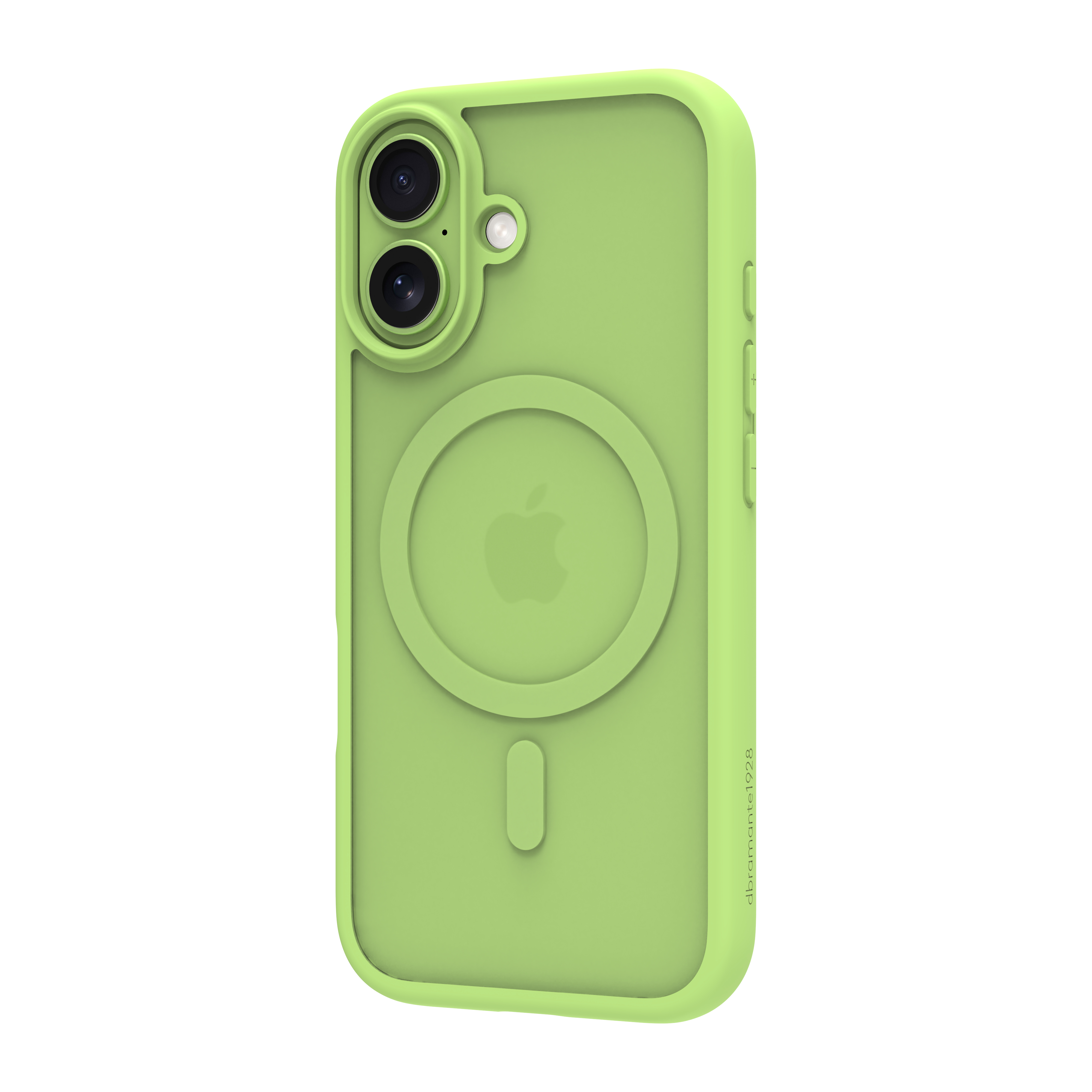 Custodia verde per iPhone con ritagli per fotocamera e logo Apple. La custodia ha un cerchio magnetico e un rettangolo allungato.