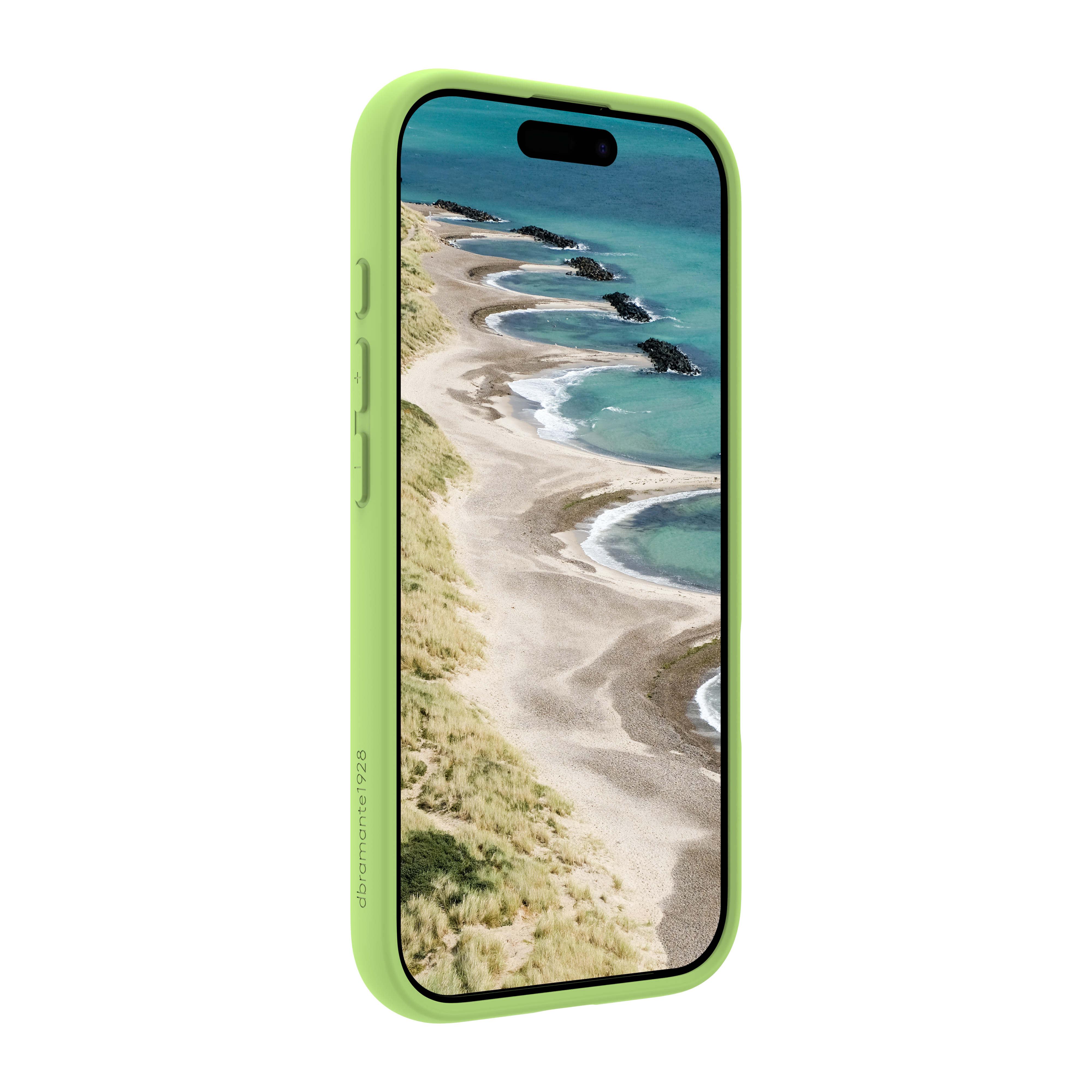 Un telefono in una custodia verde mostra una scena di spiaggia con acqua, sabbia e barriere rocciose, il tutto su sfondo bianco.