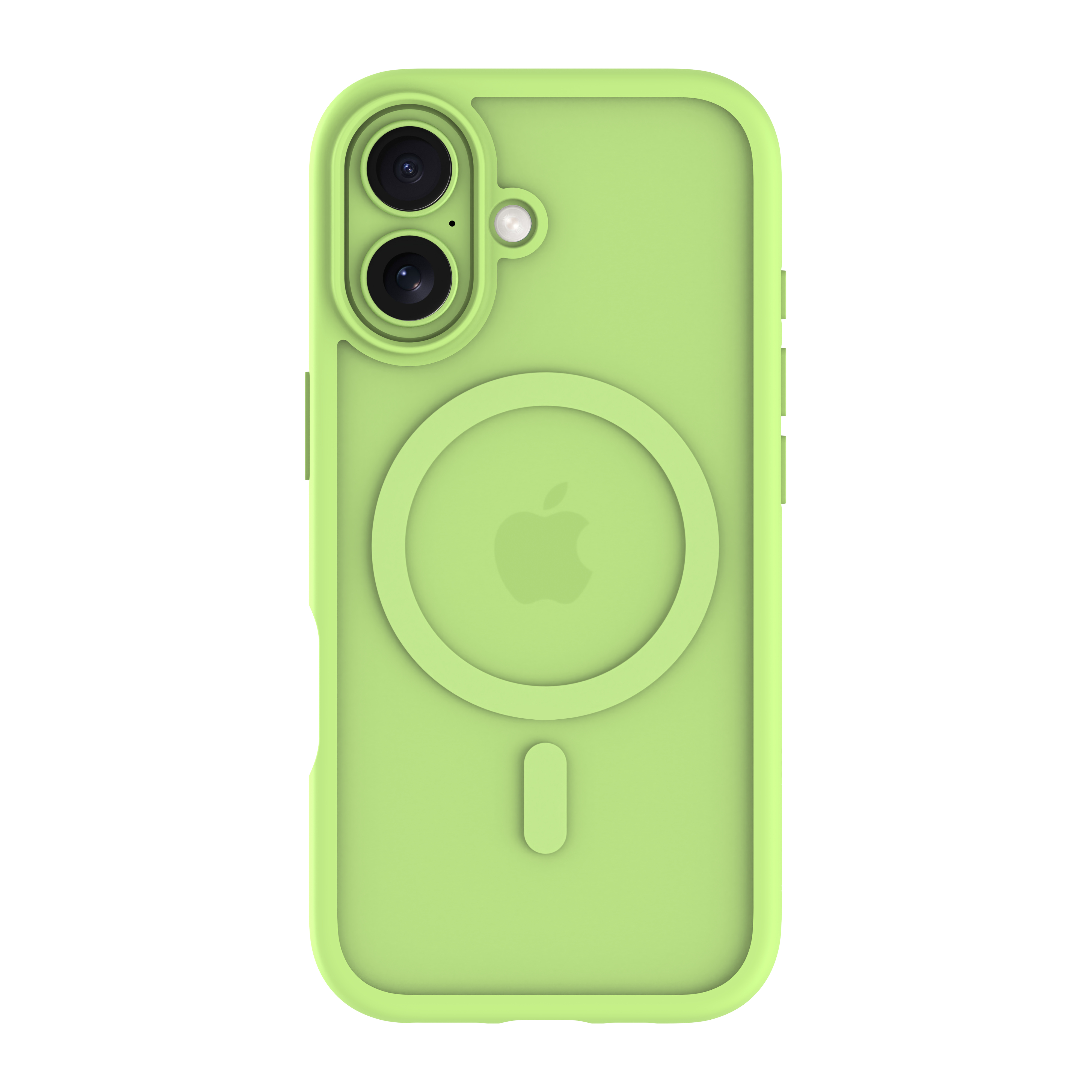 Una custodia per telefono verde lime, con un cerchio e un logo Apple al centro e due obiettivi della fotocamera in alto.
