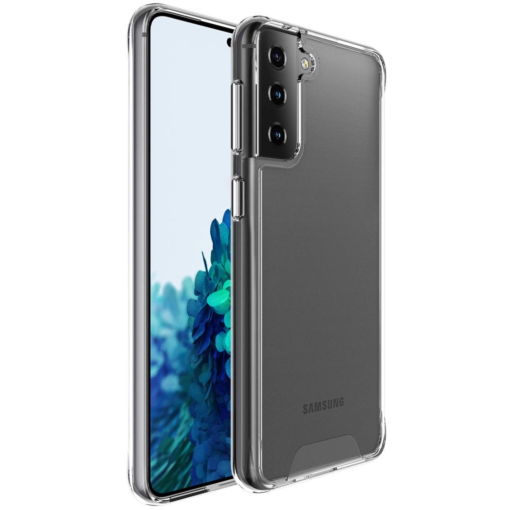 Een doorzichtige telefoonhoes beschermt een Samsung-telefoon. De telefoon heeft een scherm met blauwe bloemen. De hoes is transparant.