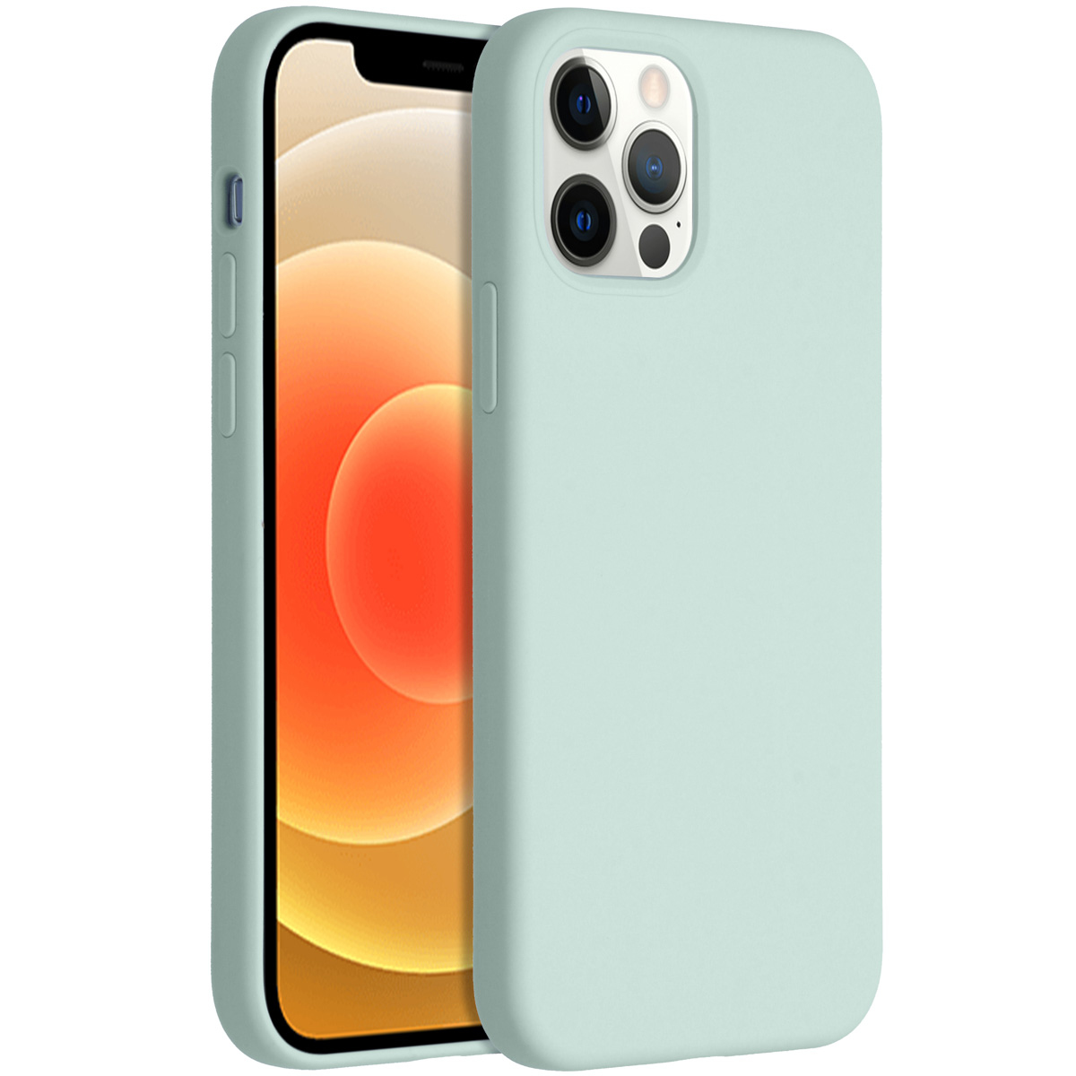 Een mintgroene telefoonhoes met een telefoon erin. De telefoon heeft een lichtoranje achtergrond. De hoes heeft cameragaten.