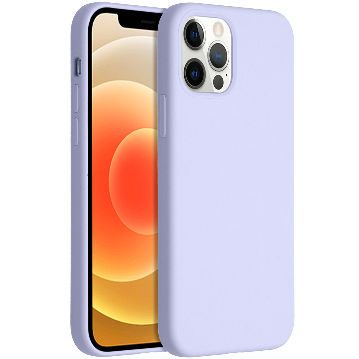 Twee lavendelkleurige iPhone-hoesjes, een met de telefoon erin, met het scherm met een oranje en witte gradiënt.