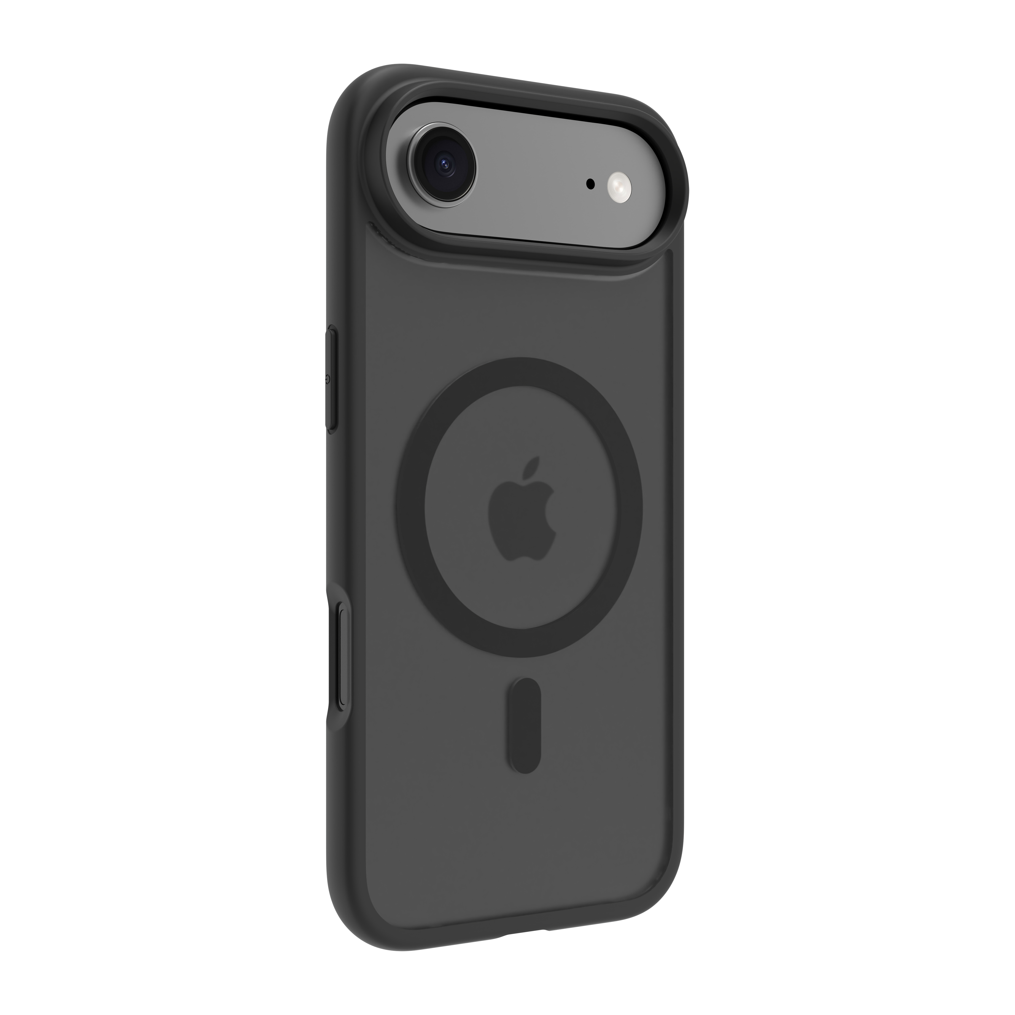 Una custodia nera per telefono con ritaglio per fotocamera, logo Apple e anello MagSafe. Su sfondo bianco.