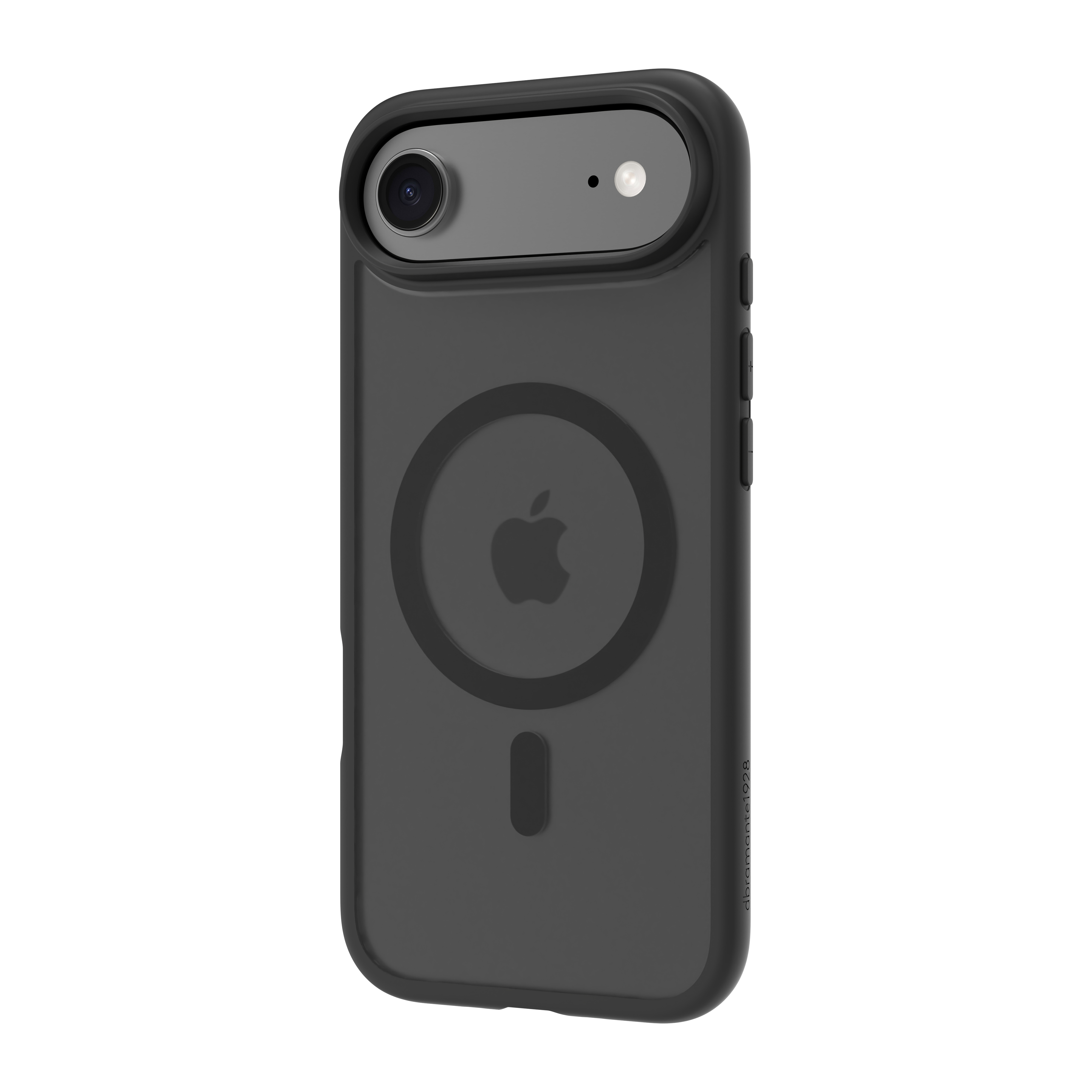 Una custodia nera per telefono, con il logo Apple sul retro. La custodia ha un ritaglio per la fotocamera e pulsanti.