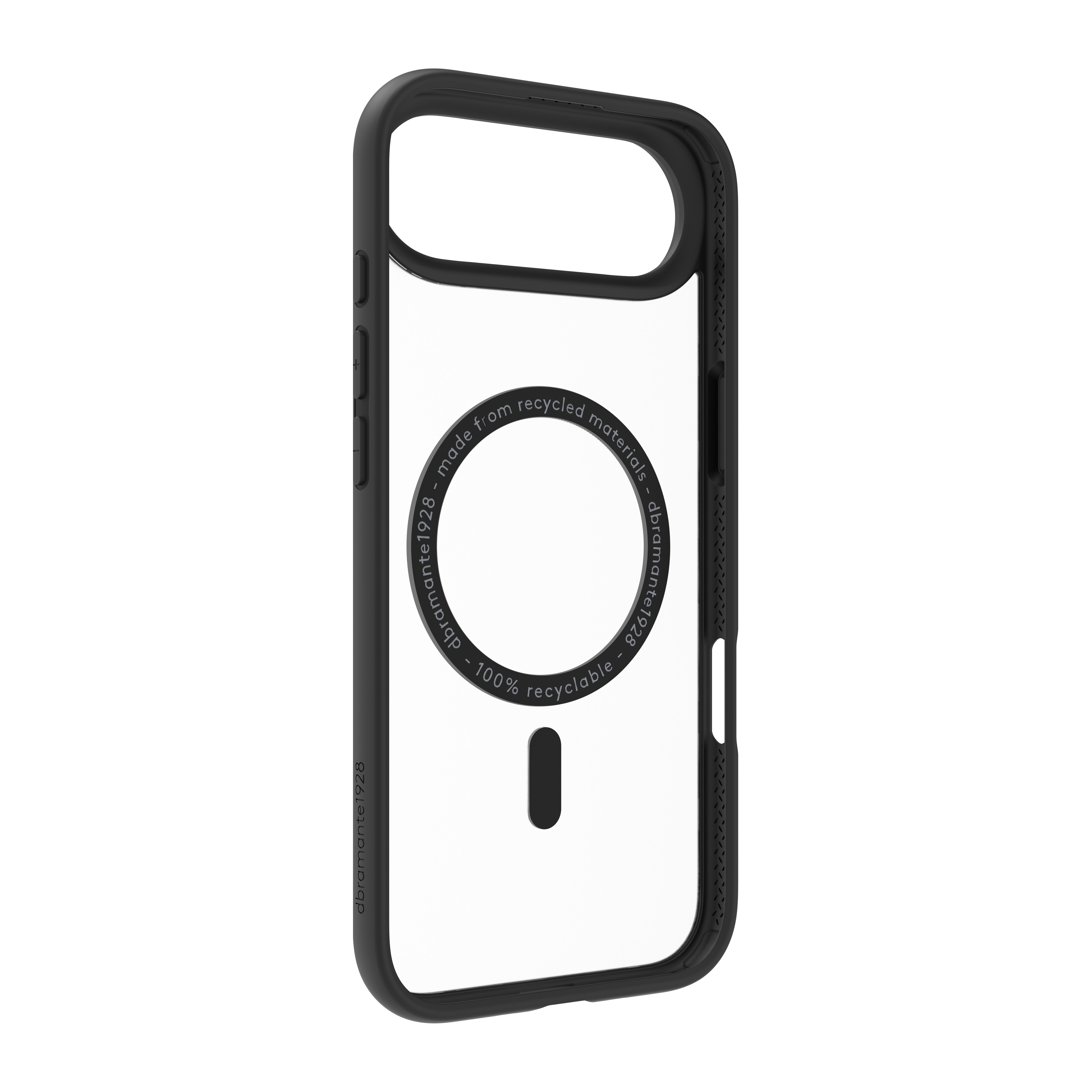 Custodia nera per telefono con centro trasparente, dice 'made from recycled materials' e '100% recyclable'.