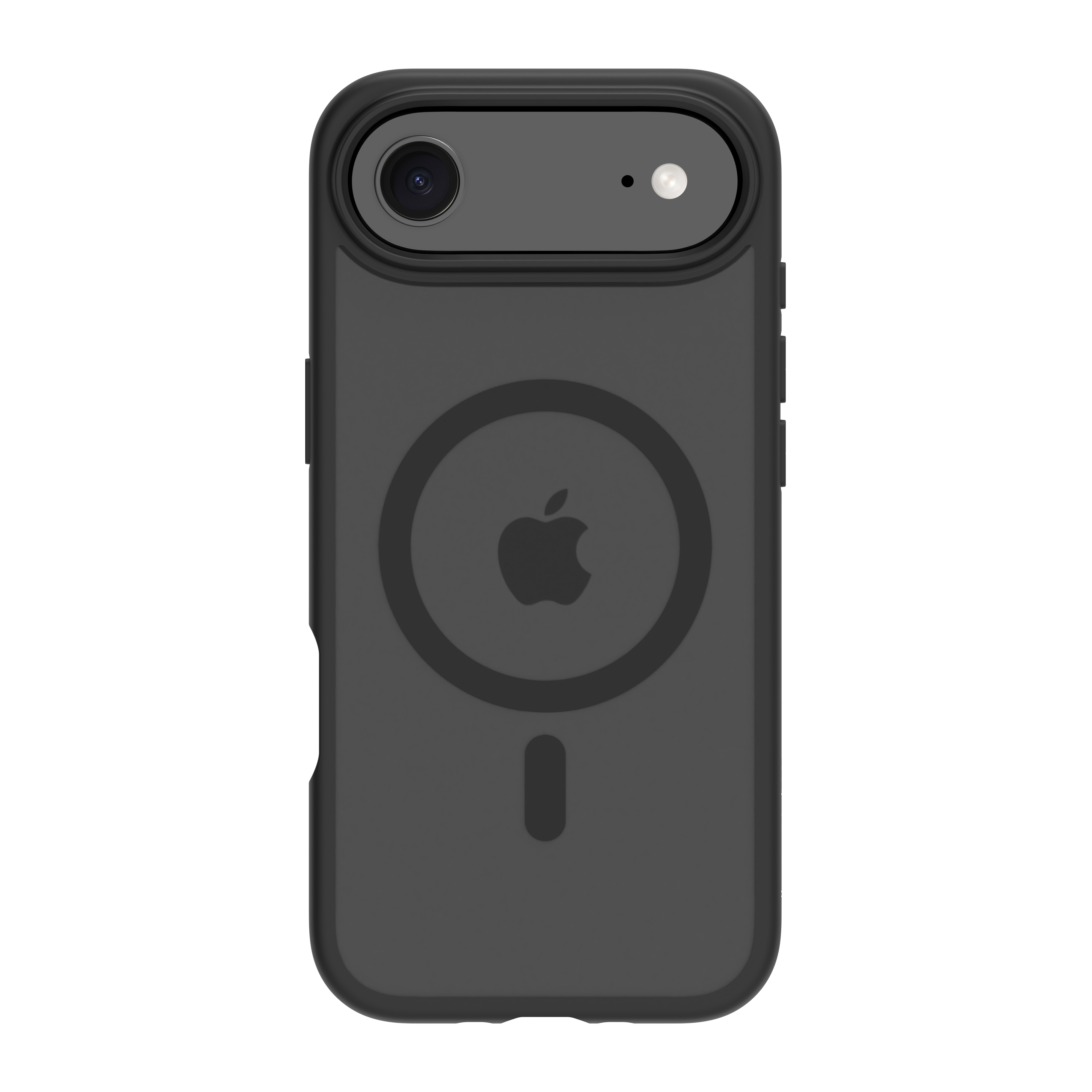 Una custodia per telefono grigio scuro, con logo Apple, fotocamera e flash. Lo sfondo è bianco.