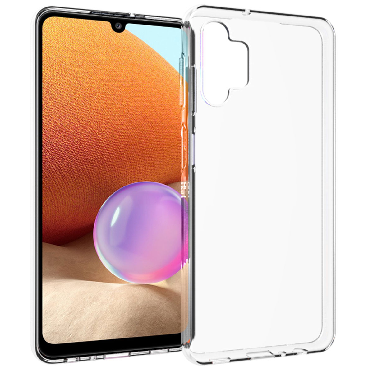 Een smartphone met een doorzichtige beschermhoes. Het scherm toont een oranje getextureerde achtergrond en een paarse bol.