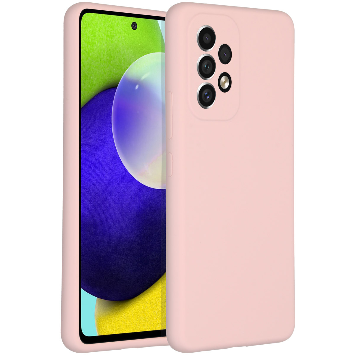 Roze telefoonhoesje naast een telefoon. Het telefoonscherm toont kleuren als groen, blauw en geel.