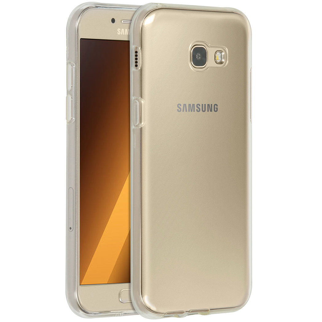 Un téléphone Samsung doré dans un étui transparent. Le téléphone est visible, avec son écran et sa caméra. L'étui est clair.