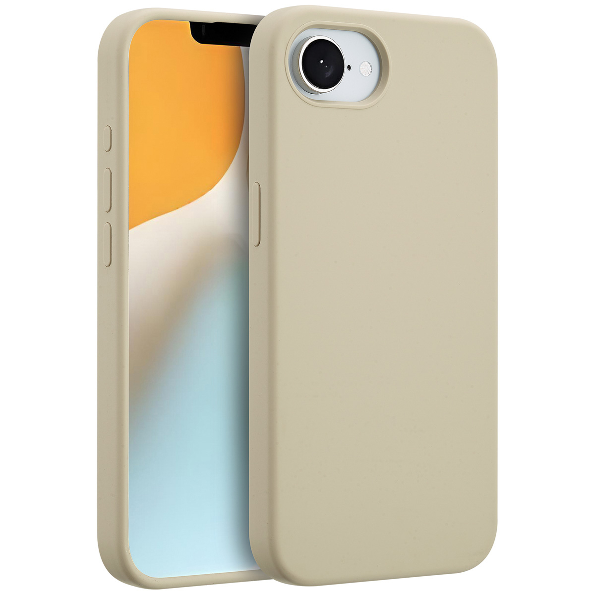 Beige telefoonhoesje met telefoon erin. Het telefoonscherm toont een gele en blauwe achtergrond. Cameralens zichtbaar op de hoes.