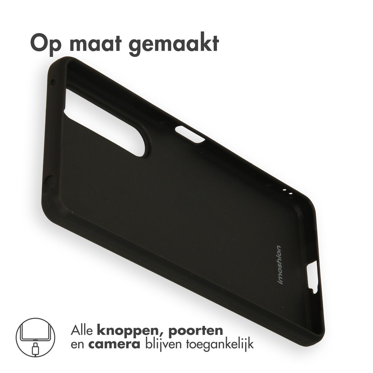 Un étui de téléphone noir sur une surface blanche. Texte : 'Op maat gemaakt' et 'Alle knoppen, poorten en camera blijven toegankelijk'.