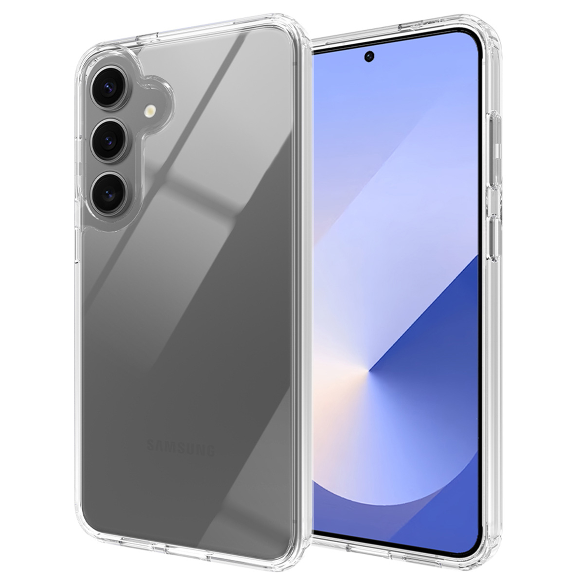 Custodia trasparente per telefono su sfondo bianco. Mostra un telefono con schermo blu e bianco. La custodia ha il retro trasparente.