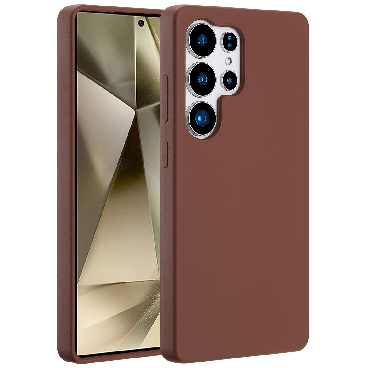 Een bruine telefoonhoes met een telefoon erin. De telefoon heeft een scherm met een geometrisch patroon en meerdere cameralenzen.