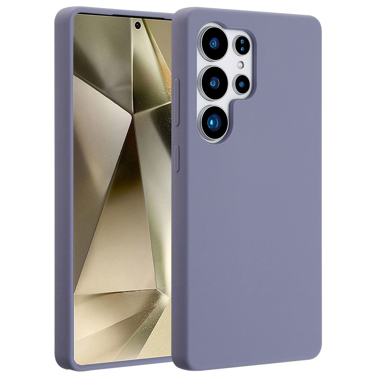 Een lavendelkleurige telefoonhoes met een telefoon erin. De telefoon heeft camera's aan de achterkant en een scherm met een geometrisch ontwerp.