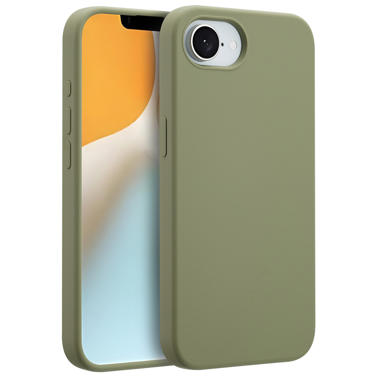 Olijfgroene telefoonhoes met een telefoon erin. Het scherm toont oranje en blauwe tinten.