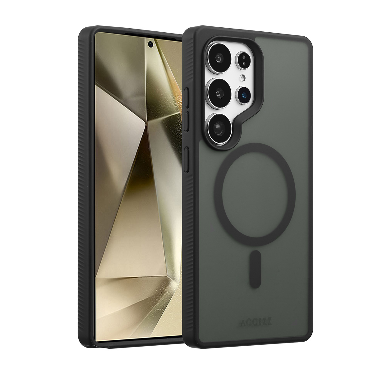 Zwarte telefoonhoes met een telefoon erin. De hoes heeft een magnetische ring aan de achterkant. Het scherm toont geometrische vormen.