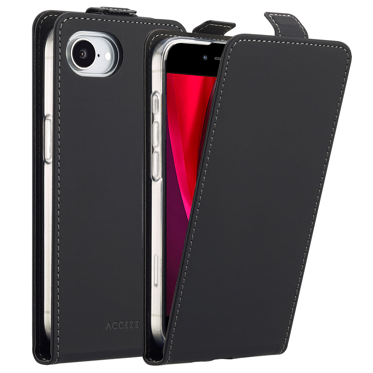 Un étui de téléphone noir avec un téléphone à l'intérieur. L'étui est ouvert, révélant l'écran du téléphone.