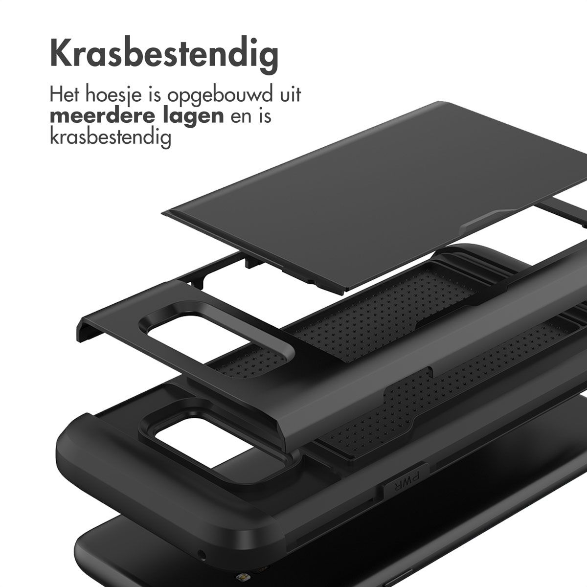 Vue éclatée d'une coque de téléphone noire, montrant les couches. Texte : 'Résistant aux rayures' et 'L'étui est construit en couches'.