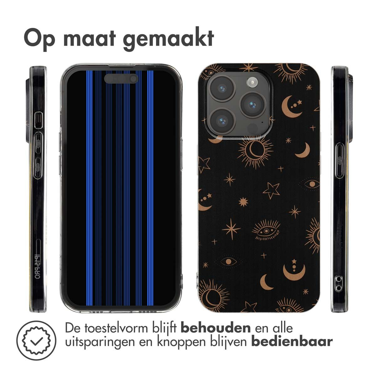 Telefoonhoesjes met verschillende ontwerpen en een beschermhoes. Tekst zegt 'Op maat gemaakt' (Op maat gemaakt) en productinfo.