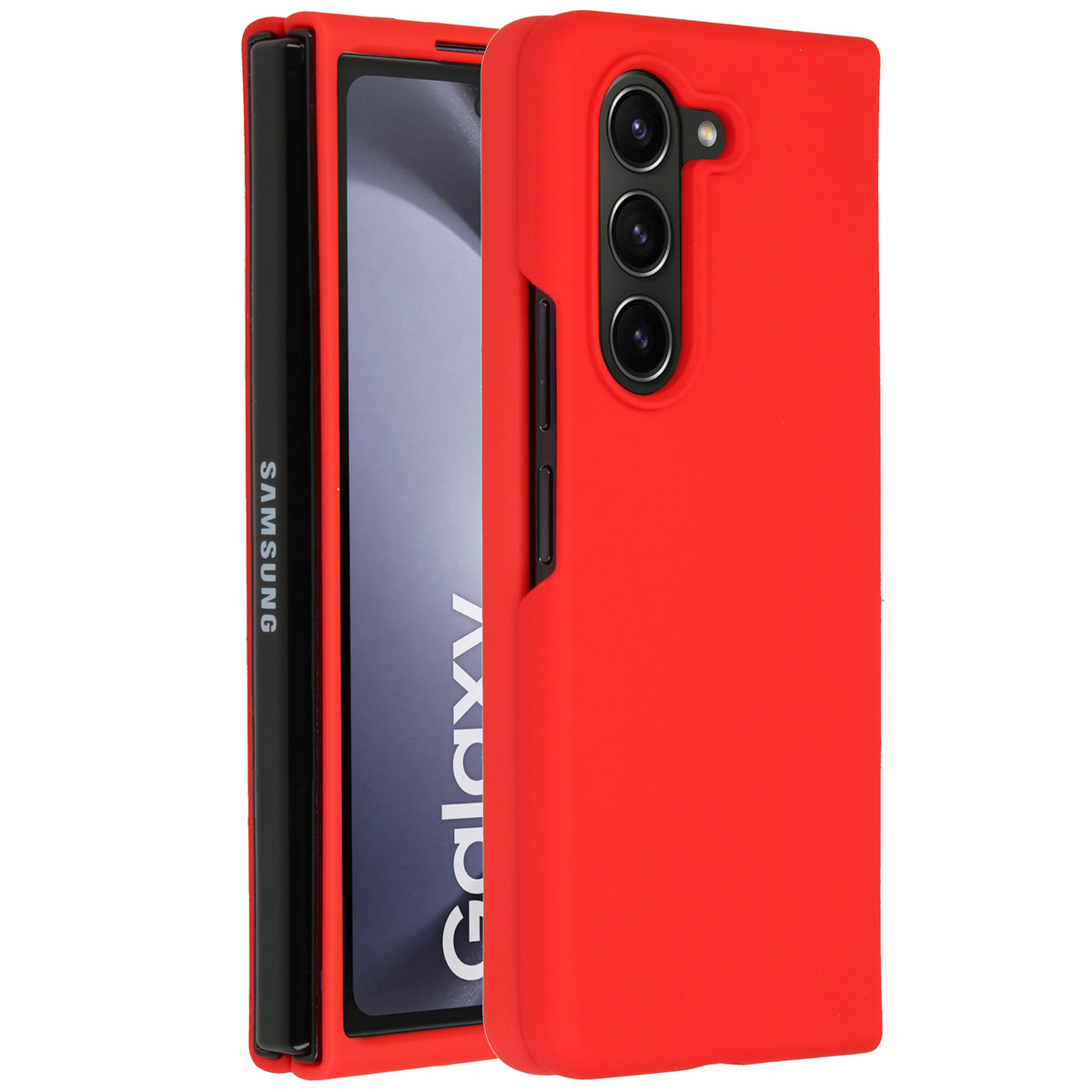 Ein rotes Samsung Galaxy-Telefon mit passender Hülle. Das Telefon ist gefaltet und zeigt den Bildschirm mit dem Galaxy-Logo.