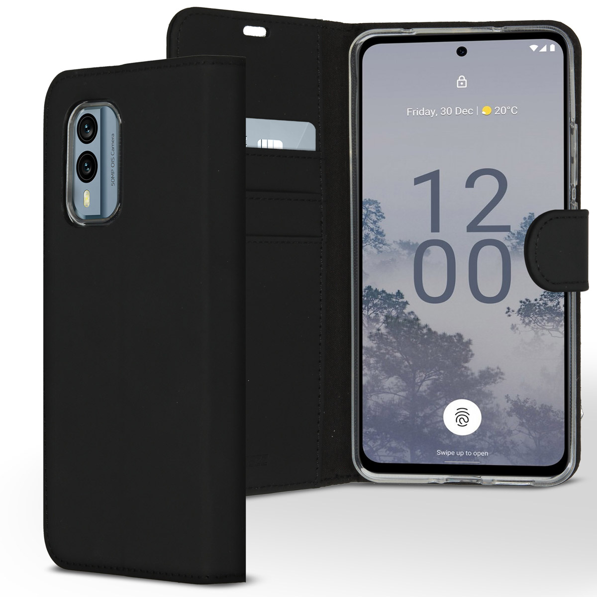 Een zwarte telefoon in een zwarte hoes met een scherm waarop tijd en datum worden weergegeven. De camera van de telefoon is links zichtbaar.