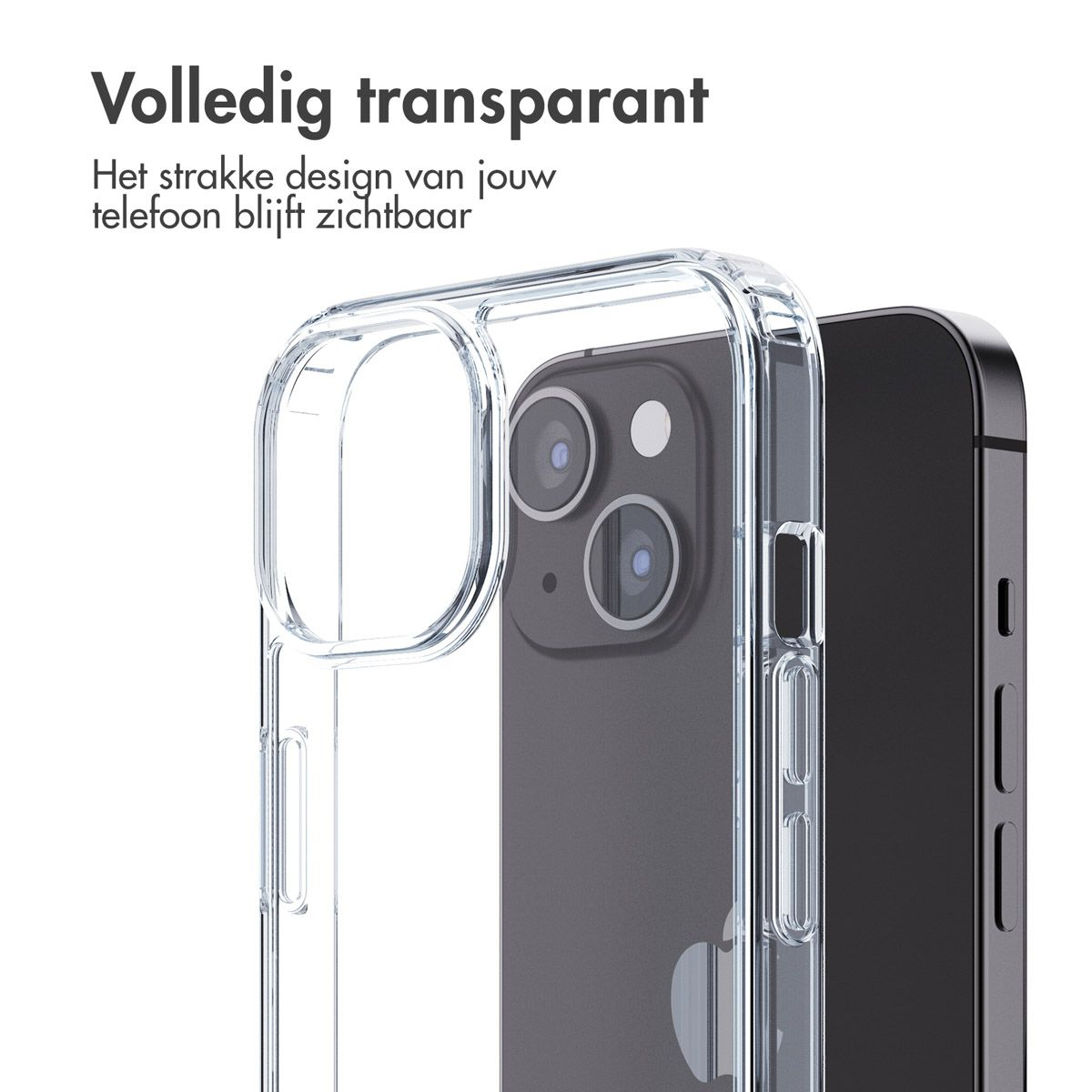 Custodia trasparente per telefono su un telefono scuro. La custodia è trasparente, mostrando il design del telefono. Sfondo bianco e testo in alto.