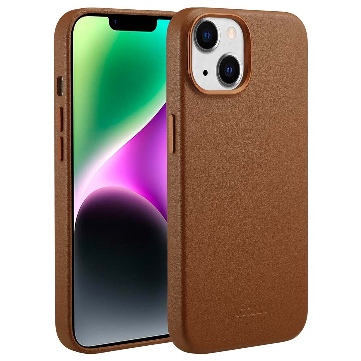 Een bruine leren telefoonhoes met een iPhone erin. Het scherm toont een groene en paarse gradiënt. De hoes heeft een camera-uitsparing.