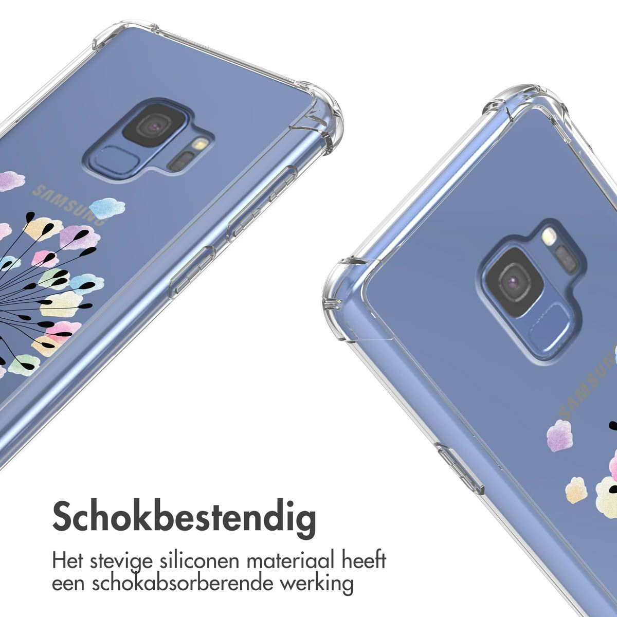 Deux coques de téléphone transparentes avec motifs floraux. L'une affiche le logo Samsung. Texte en bas : « Antichoc ».