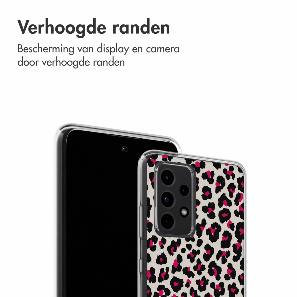 Due smartphone, uno con custodia leopardata. Testo in olandese in alto. I telefoni sono su sfondo bianco.