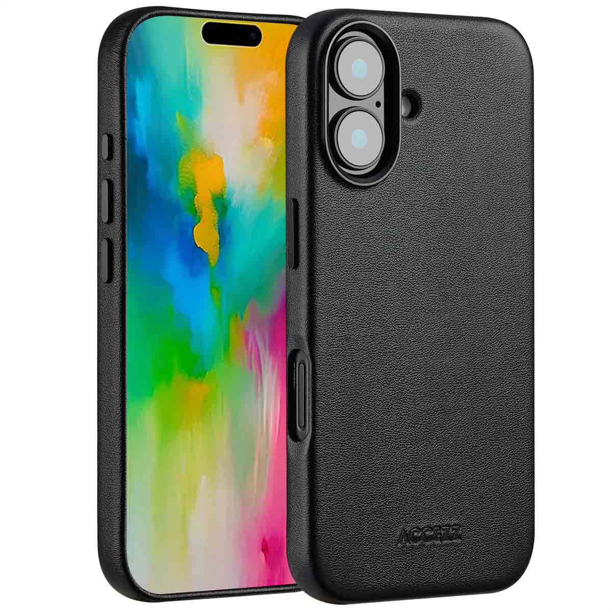 Een zwarte telefoonhoes met een telefoon erin. De hoes heeft een getextureerd oppervlak en bedekt de telefoon.