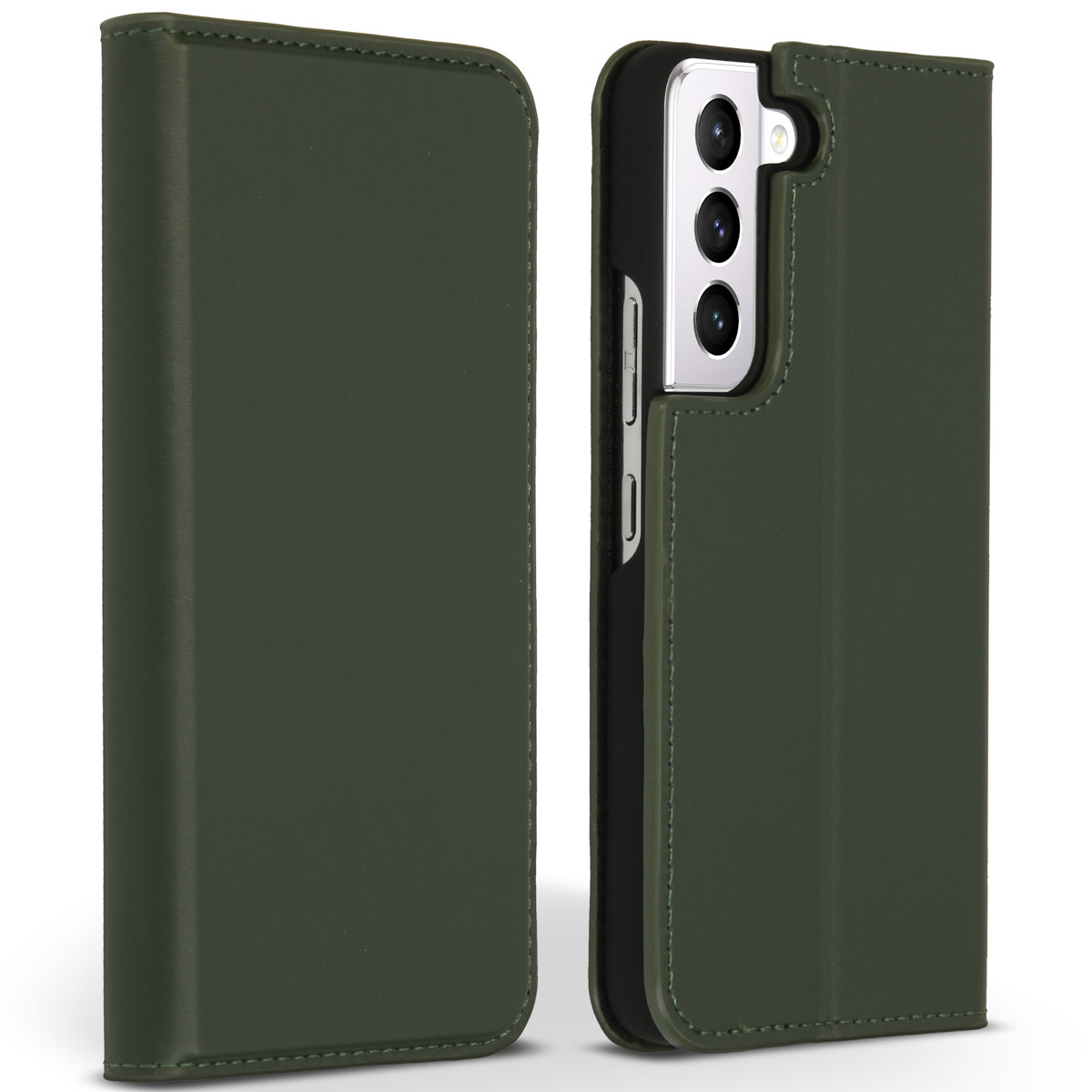 Un étui de téléphone vert, ouvert et fermé, montrant un téléphone avec trois caméras. L'étui est en simili cuir.