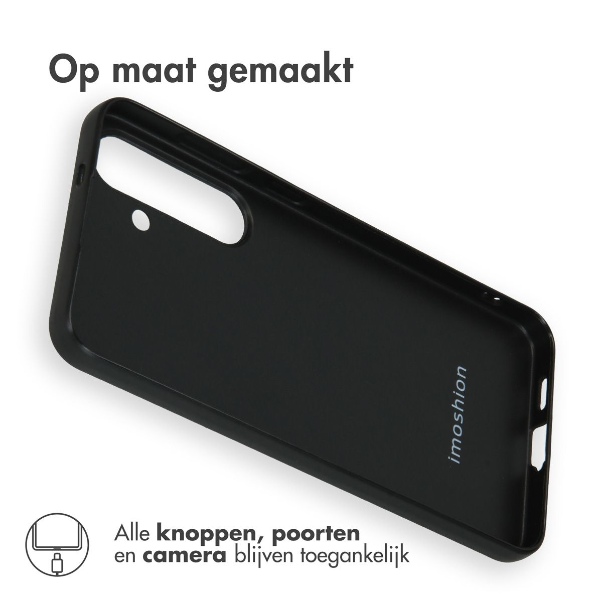 Funda negra con el texto 'Op maat gemaakt'. La marca 'imoshion' es visible. El texto inferior dice 'Alle knoppen, poorten en camera blijven toegankelijk'.