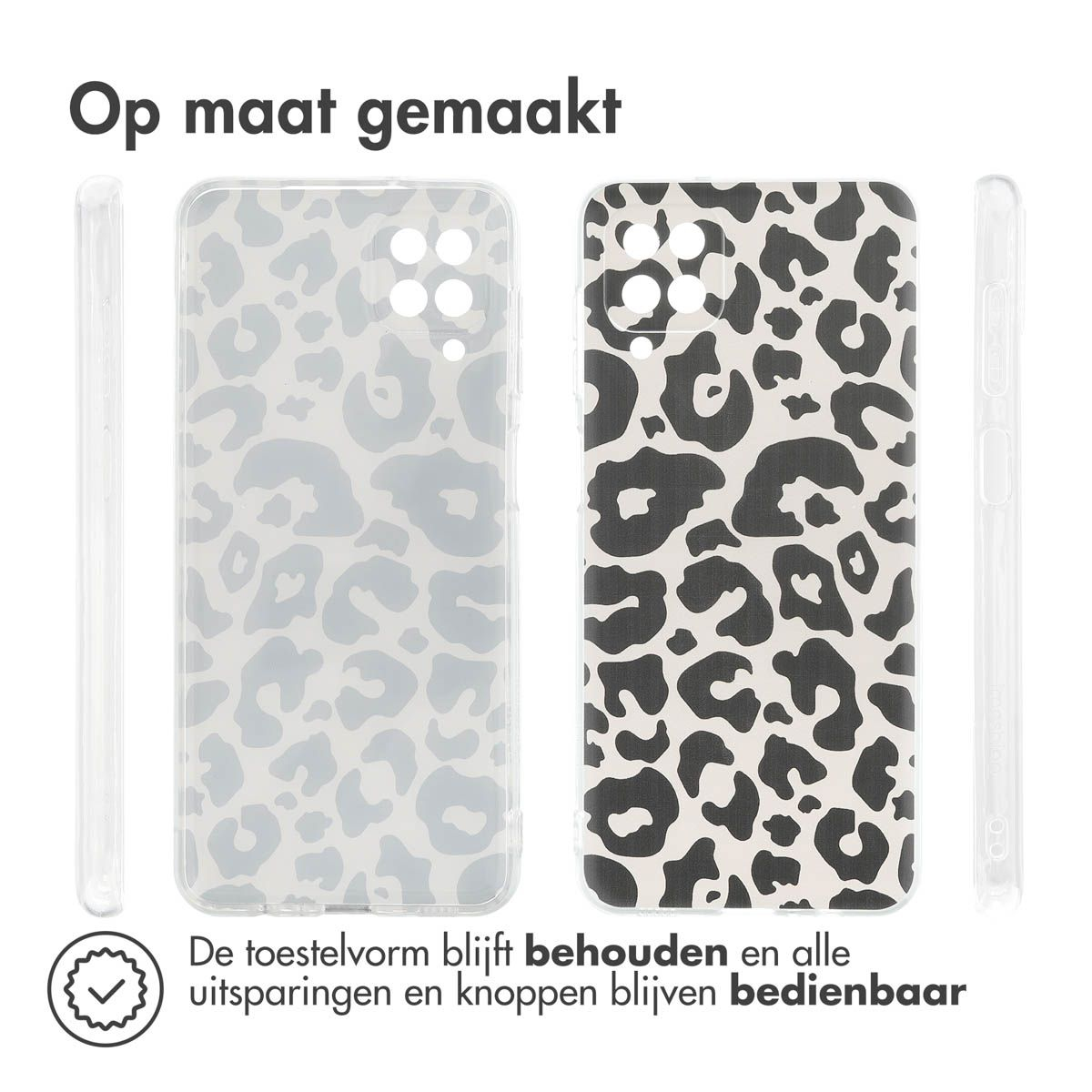 Telefoonhoesjes met luipaardprint. Eén is lichtgrijs, de andere zwart-wit. Tekst zegt 'Op maat gemaakt' en 'De toestelvorm blijft behouden'.