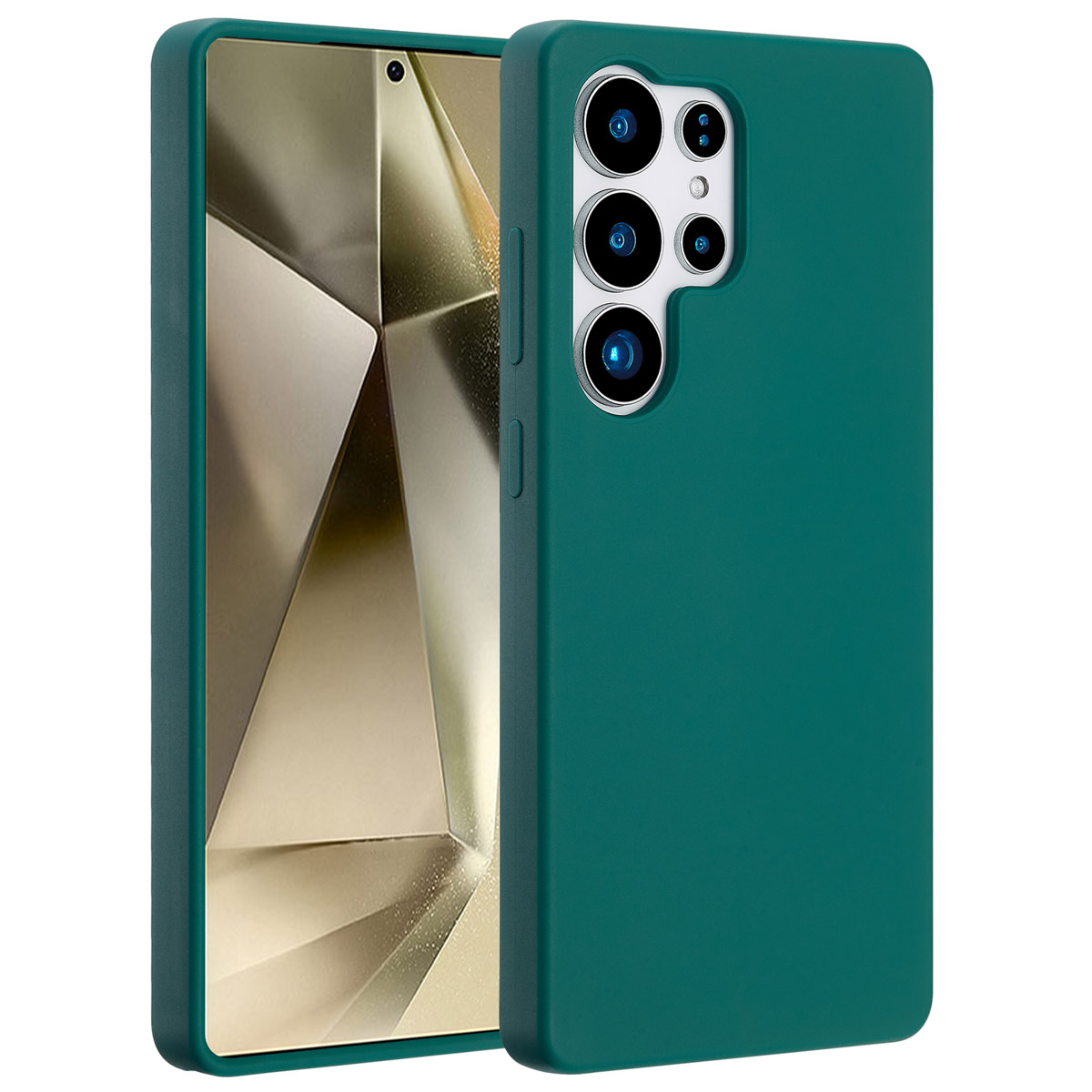 Een groene telefoonhoes met een telefoon erin. De telefoon heeft camera's aan de achterkant. De achtergrond is wit.